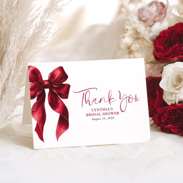 Tarjeta De Agradecimiento Elegante ducha de novias de vaca roja gracias (Red Bow Thank You Cards)
