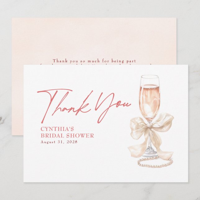 Tarjeta De Agradecimiento Elegante ducha de novias en Prosecco Bow Blanco Gr (Anverso / Reverso)