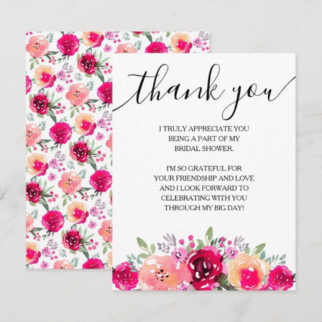 Tarjeta De Agradecimiento Elegante Ducha Nupcial Floral Rosa (Anverso / Reverso)