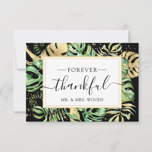Tarjeta De Agradecimiento Elegante ducha Tropical Gold y Black Wedding (Anverso)