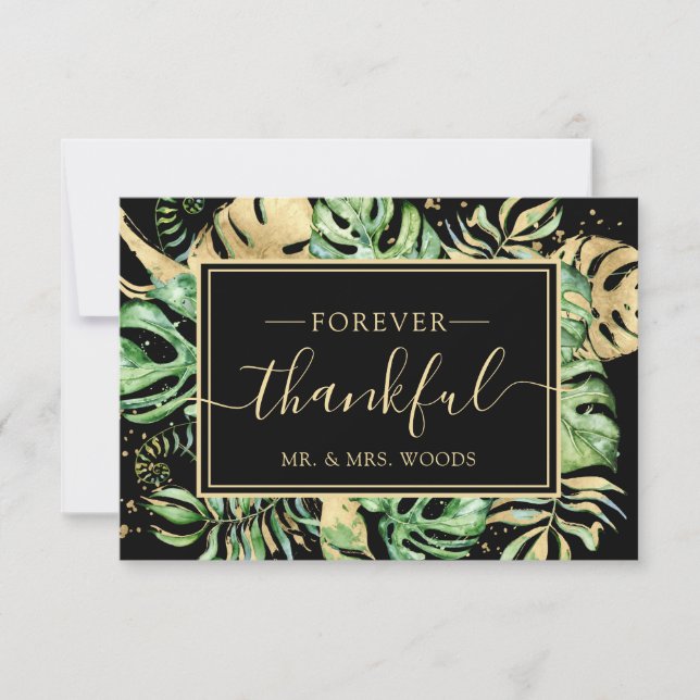 Tarjeta De Agradecimiento Elegante ducha Tropical Gold y Black Wedding Graci (Anverso)