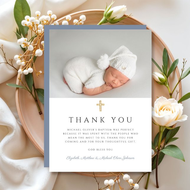 Tarjeta De Agradecimiento Elegante Dusty Blue Cross Boy Baptism Photo (Elegant Dusty Blue Cross Boy Baptism Photo Thank You Card)