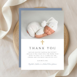Tarjeta De Agradecimiento Elegante Dusty Blue Cross Boy Baptism Photo