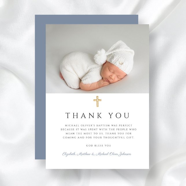 Tarjeta De Agradecimiento Elegante Dusty Blue Cross Boy Baptism Photo (Elegant Dusty Blue Cross Boy Baptism Photo Thank You Card)