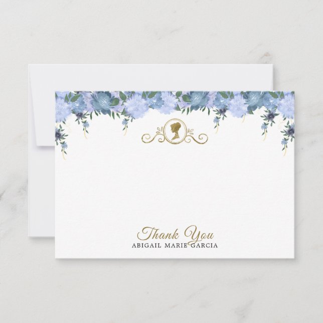Tarjeta De Agradecimiento Elegante Dusty Blue Floral Victoriana Bridal Showe (Anverso)