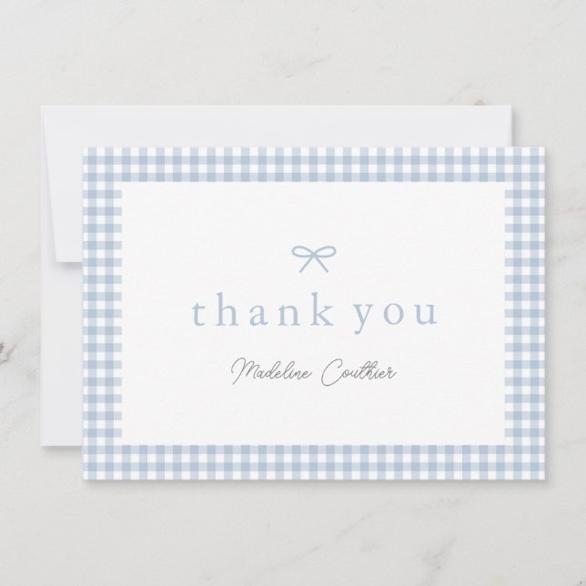 Tarjeta De Agradecimiento Elegante Dusty Blue Gingham Boys Baby Shower (Anverso)
