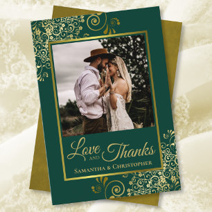 Tarjeta De Agradecimiento Elegante Emerald Green & Gold Love & Gracias Boda