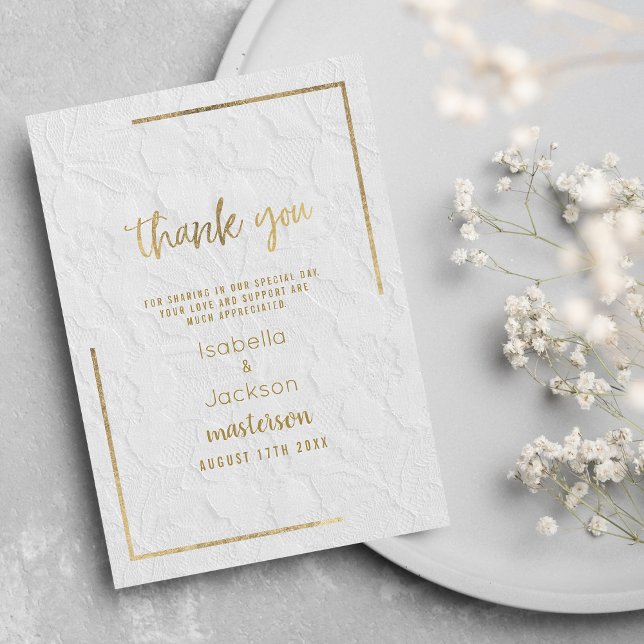 Tarjeta De Agradecimiento Elegante encaje floral francés de oro blanco (Elegant white gold french floral lace Wedding Invitation)