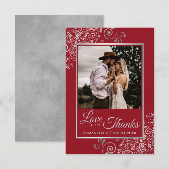 Tarjeta De Agradecimiento Elegante encaje plateado sobre amor rojo y gracias (Anverso / Reverso)