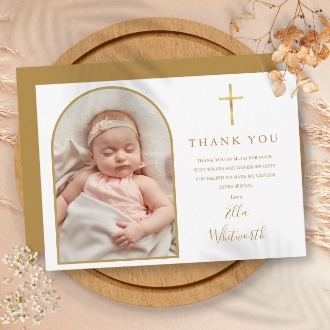 Tarjeta De Agradecimiento Elegante escritura de escritura de firma de fotos  (Elegant Gold Arch Photo Signature Script Baptism Thank You Card)
