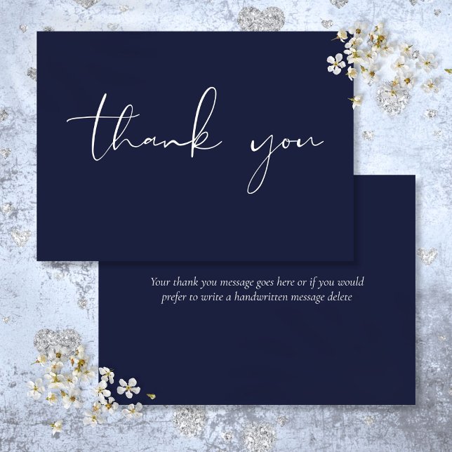 Tarjeta De Agradecimiento Elegante escritura moderna caligrafía marina azul (Elegant Modern Script Calligraphy Navy Blue Thank You Card)