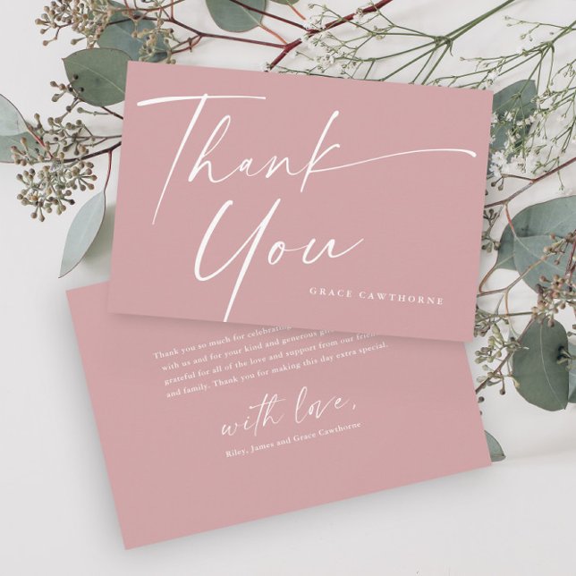 Tarjeta De Agradecimiento Elegante escritura moderna Chicas rosados y polvor (Elegant script dusty pink girls baptism thank you card.)