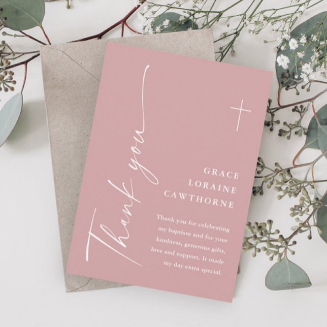 Tarjeta De Agradecimiento Elegante escritura moderna Chicas rosados y polvor (Modern Script Dusty Pink Girls Baptism Thank You Cards.)