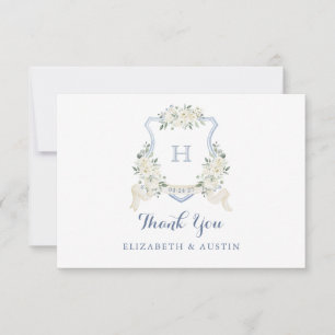 Tarjeta De Agradecimiento Elegante Escudo Boda azul turbio floral blanco