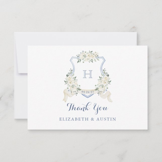 Tarjeta De Agradecimiento Elegante Escudo Boda azul turbio floral blanco (Anverso)