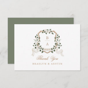 Tarjeta De Agradecimiento Elegante Escudo Boda floral blanca de marfil
