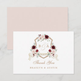 Tarjeta De Agradecimiento Elegante Escudo Boda floral Rubor Borgoña
