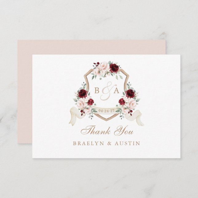 Tarjeta De Agradecimiento Elegante Escudo Boda floral Rubor Borgoña (Anverso / Reverso)
