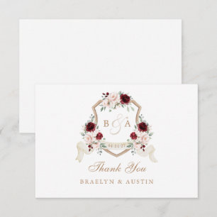 Tarjeta De Agradecimiento Elegante Escudo Boda floral Rubor Borgoña