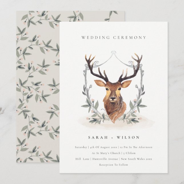 Tarjeta De Agradecimiento Elegante Escudo con flores de ciervo con invitació (Anverso / Reverso)