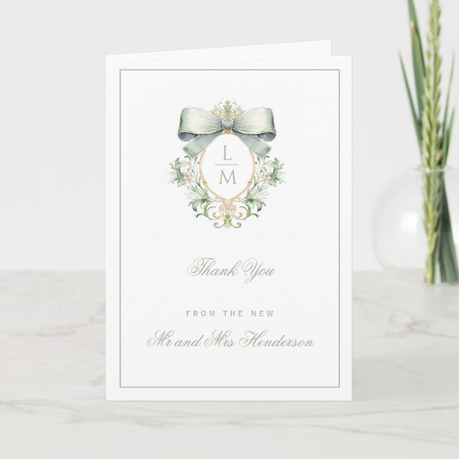 Tarjeta De Agradecimiento Elegante Escudo con Sage Green Bow | Boda de monog (Anverso)