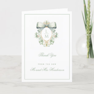 Tarjeta De Agradecimiento Elegante Escudo con Sage Green Bow Boda de monog