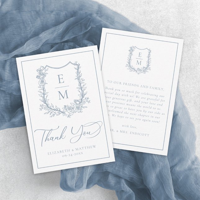 Tarjeta De Agradecimiento Elegante Escudo de Floral Azul Dusty Monograma Bod (Subido por el creador)