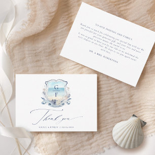 Tarjeta De Agradecimiento Elegante Escudo de Monograma de Boda en Playa