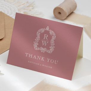 Tarjeta De Agradecimiento Elegante Escudo Monograma Boda Rosa Dusty