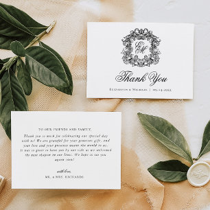 Tarjeta De Agradecimiento Elegante Escudo Monograma Boda Vintage