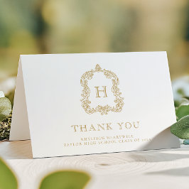Tarjeta De Agradecimiento Elegante Escudo Monograma Graduación de Oro Blanco