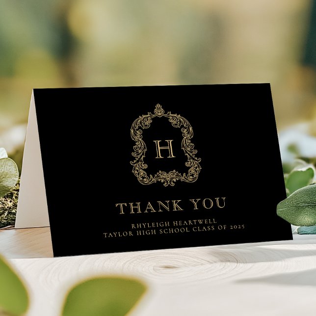 Tarjeta De Agradecimiento Elegante Escudo Monograma Graduación de Oro Negro (Subido por el creador)