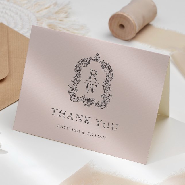 Tarjeta De Agradecimiento Elegante Escudo Monograma Rubor Boda rosa (Subido por el creador)