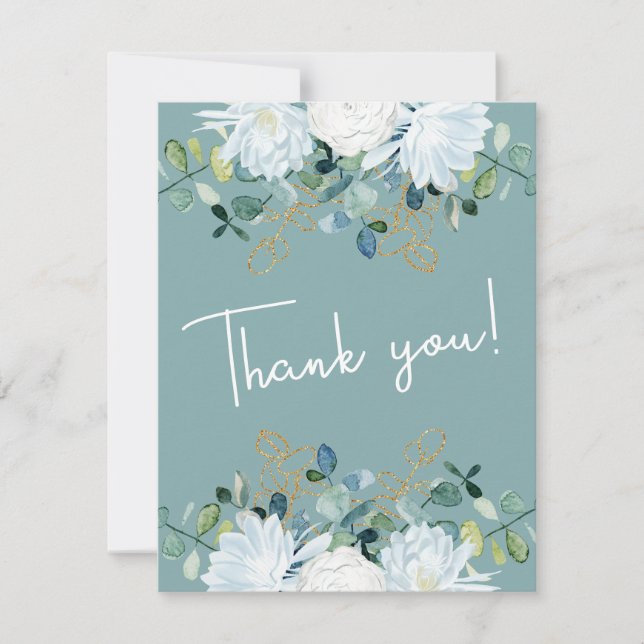 Tarjeta De Agradecimiento Elegante eucalipto boda de foto de flores blancas (Anverso)
