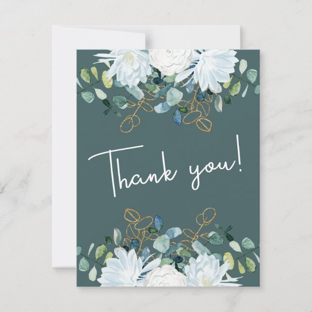 Tarjeta De Agradecimiento Elegante eucalipto boda de foto de flores blancas (Anverso)