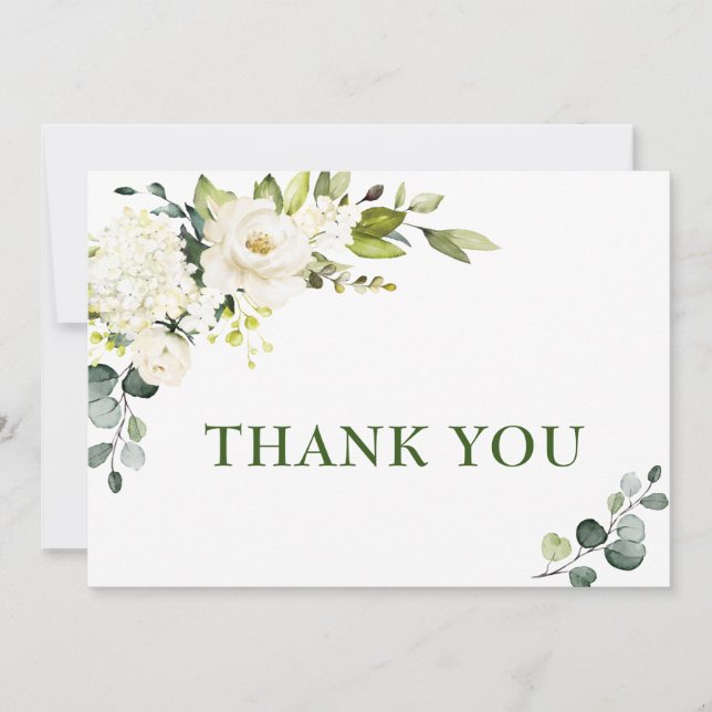 Tarjeta De Agradecimiento Elegante Eucalipto Floral de rosas blancas (Anverso)