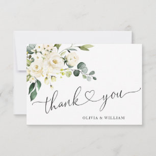 Tarjeta De Agradecimiento Elegante Eucalipto Floral de rosas blancas