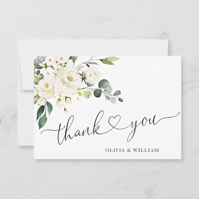 Tarjeta De Agradecimiento Elegante Eucalipto Floral de rosas blancas (Anverso)