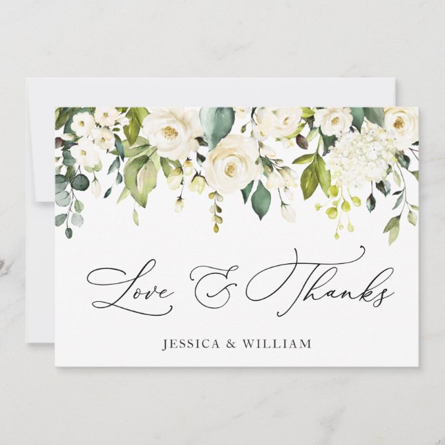 Tarjeta De Agradecimiento Elegante Eucalipto Floral de rosas blancas (Anverso)