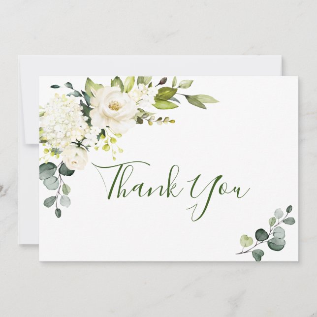 Tarjeta De Agradecimiento Elegante Eucalipto Floral de rosas blancas (Anverso)