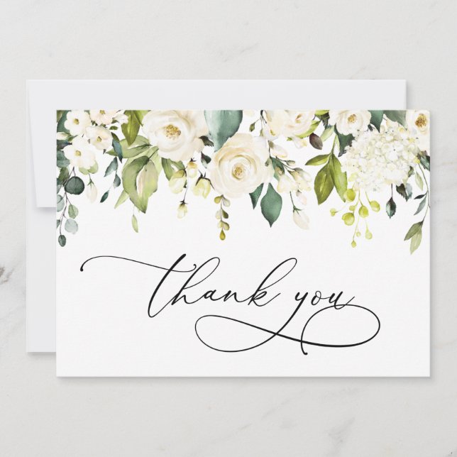 Tarjeta De Agradecimiento Elegante Eucalipto Floral de rosas blancas (Anverso)