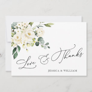 Tarjeta De Agradecimiento Elegante Eucalipto Floral de rosas blancas