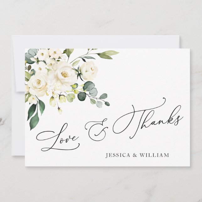 Tarjeta De Agradecimiento Elegante Eucalipto Floral de rosas blancas (Anverso)