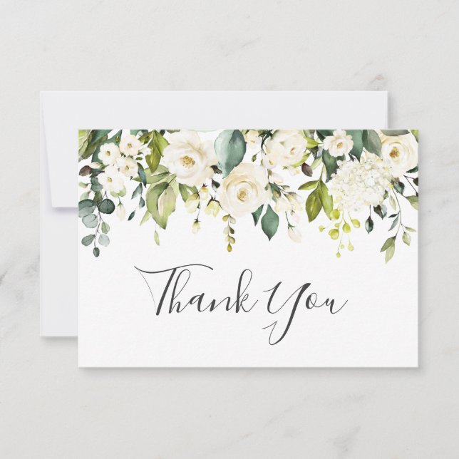 Tarjeta De Agradecimiento Elegante Eucalipto Floral de rosas blancas (Anverso)