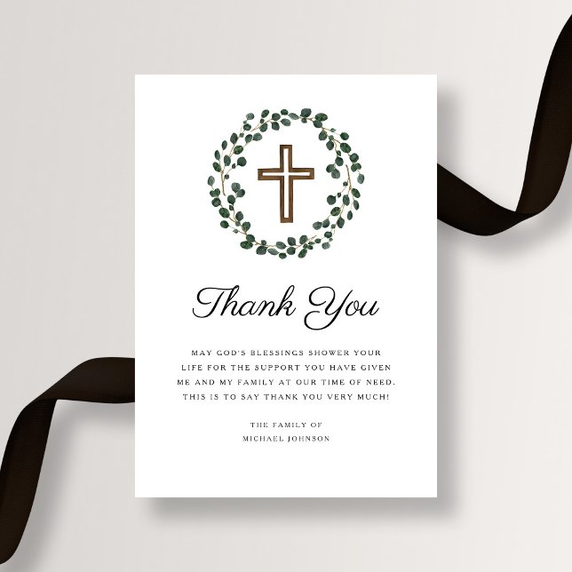 Tarjeta De Agradecimiento Elegante Eucalipto Funeral Religioso Cruzado (Elegant Eucalyptus Religious Cross Funeral Thank You Card)