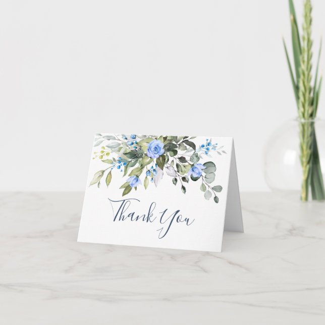 Tarjeta De Agradecimiento Elegante Eucalipto Rosas azules Floral Botánica (Anverso)
