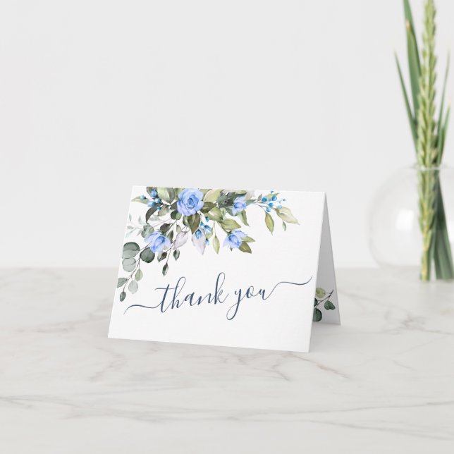 Tarjeta De Agradecimiento Elegante Eucalipto Rosas azules Floral Botánica (Anverso)