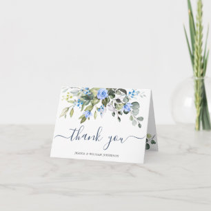 Tarjeta De Agradecimiento Elegante Eucalipto Rosas azules Floral Botánica
