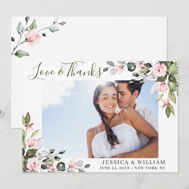 Tarjeta De Agradecimiento Elegante Eucalipto Rosas Rosadas FOTO (Anverso / Reverso)