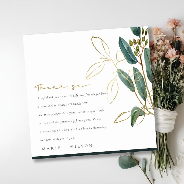 TARJETA DE AGRADECIMIENTO ELEGANTE EUCALYPTUS BODA DE FOLLETO DE ORO VERDE (Subido por el creador)